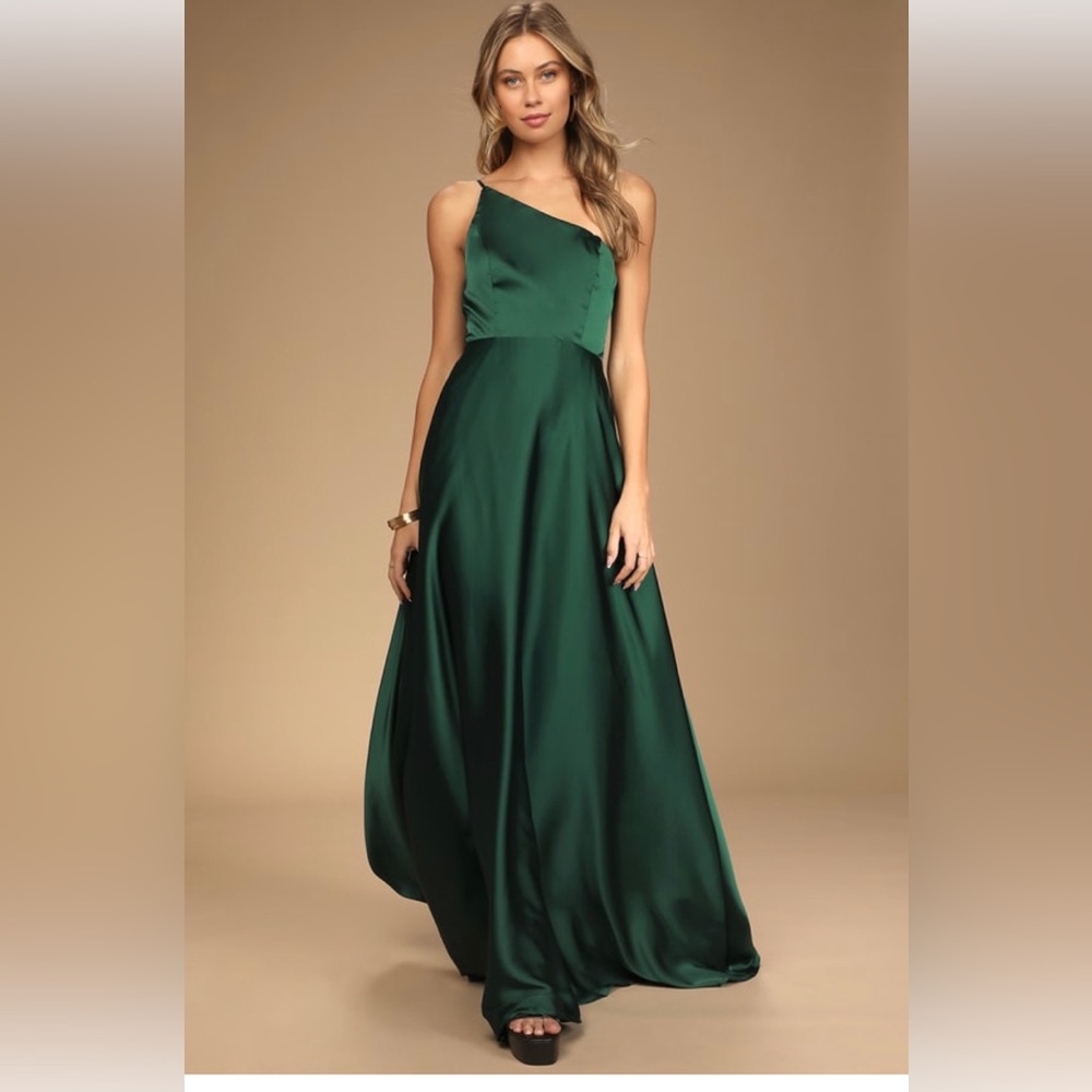 Lulu’s Love Is Calling Green Satin One Shoulder Dress